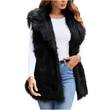 Faux Fur Vest Womens Lapel Open Front Fluffy Sleeveless Furry Vests Trendy Winter Warm Outerwear Cardigans Black,L