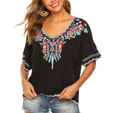 Damenbluse mit Stickerei, Kurzarm, traditionelles Feder- und Blumenmuster, Ethno-Stil