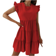 Lentejurken voor dames: Ronde hals, ruches, korte mouwen, losse casual jurk, effen kleur, modieuze mini-feestjurk
