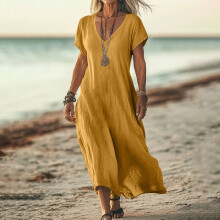 Damenkleid, einfarbig, Übergröße, locker, Leinen, langes Kleid, V-Ausschnitt, Sommerkleid