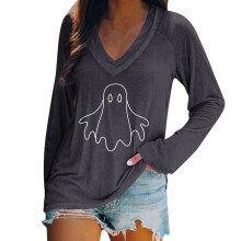 Damen-Sweatshirt in Übergröße mit süßem Halloween-Print, V-Ausschnitt und langen Ärmeln – weich, dehnbar, lässig, Größen S-2XL