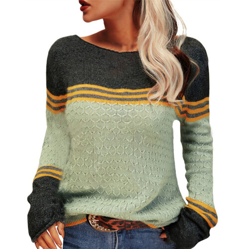 Hässliche Weihnachtspullover für Damen, Herbst/Winter, Langarm-Strickpullover mit Streifen-Patchwork, Rundhalsausschnitt, elegantes Häkeloberteil