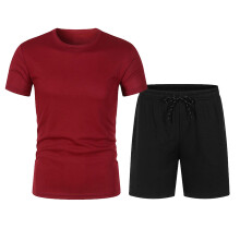 Herren-Shorts-Set, 2-teilig, Lounge-Set, Kurzarm, Rundhalsausschnitt, Strand, Sommer, einfarbig, Freizeit, Laufen, Fitness, Trainingsshorts mit Tasche