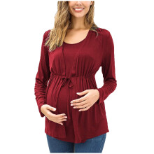 Camisetas de maternidad para mujer, blusas de lactancia para embarazadas, tops con cuello redondo, manga larga tipo vendaje, color rojo.