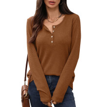 Damen-Tops, Waffelpiqué, lässige Langarm-Tunika-Tops, abgerundeter Saum, V-Ausschnitt, Henley-Shirts für Damen, Winterkleidung