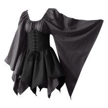 Vestido feminino QLEICOM, estilo medieval renascentista, gótico vitoriano, com espartilho e mangas sino, mini justo ao corpo – Cinza escuro M
