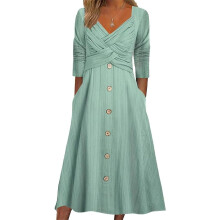 Damklänningar för hösten för bröllopsgäster, casual plus size-klänning med korsade knappar och långärmad, flera lager och fickor