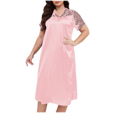 Dam vår-sommar enfärgad v-ringad lång pyjamasklänning med ihåliga spetsdetaljer | XL-5XL | 100 % polyester loungewear