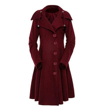 Abrigo largo de otoño cálido para mujer, con solapa de pico, color liso, estilo gabardina, manga larga, color vino.