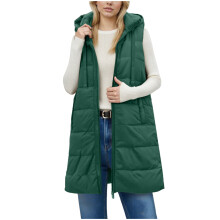 Colete feminino longo acolchoado com capuz, jaqueta leve sem mangas com bolsos e fechamento em zíper, ideal para o inverno.