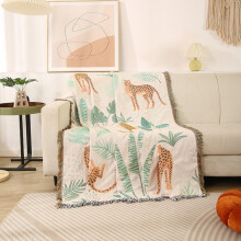 Leopard Print Throw Blanket Cotton Jacquard Reversible Fringe Sofa Couch Decor for All Seasons