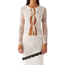 (S, Beige) Women Front Tie-Up Tops Floral Lace Crew Neck Sheer Long Sleeve Casual T-Shirt for Parties