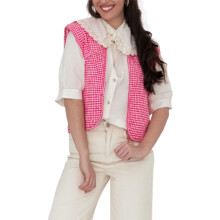 (L, Fuchsia) Chaleco con estampado a cuadros para mujer, abierto, sin mangas, ligero, tipo cárdigan para verano y primavera.