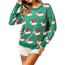 (L, Green) Women Christmas Sweater Long Sleeve Crew Neck Hat Pattern Pullover Sweater Winter Sweater