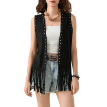 (XXXL, Black) Vestă fără mâneci cu ciucuri pentru femei, cu nituri, deschisă în față, fără mâneci, jachetă lungă, hippie, streetwear