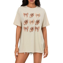 (XL, Ivory) Womens Oversized T-Shirts Loose Football Bow Print Round Neck Short Sleeve Tops Casual Streetwear