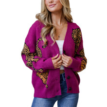 (M, Purple) Women Button up Sweaters Casual Lightweight Tiger Print Long Sleeves Knit Cardigans Warm Fall Knitwear for Streetwear