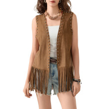 (XL, Light Brown) Vestă fără mâneci cu ciucuri pentru femei, cu nituri, deschisă în față, fără mâneci, jachetă lungă, hippie, streetwear