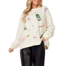 (L, White) Pulls de Noël pour femmes, imprimé de verres à vin pailletés, manches longues, col rond, coupe oversize