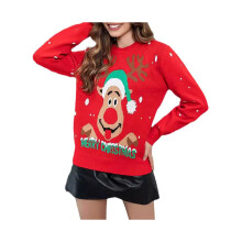 (M, Red) Women's Christmas Sweaters Long Sleeve Round Neck Reindeer Print Loose Pullover Knit Tops