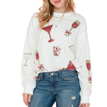 (L, Red) Pulls de Noël pour femmes, imprimé de verres à vin pailletés, manches longues, col rond, coupe oversize