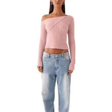 (L, Pink) Women Knit Tops, Long Sleeve One-shoulder Tops Button Closure Solid Fall T-shirt