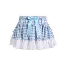 (S, Blue) Women Summer Mini Skirts Casual Plaid Print Ruffled A-Line Skirt for Beach Vacation Club Streetwear Aesthetic Clothes