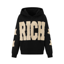 (S, Black) Sweat à capuche femme, manches longues, lettres et étoiles, pull-over, haut décontracté d'automne