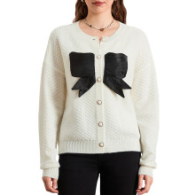 (S, White) Women's Autumn Sweater Cardigan Long Sleeve O Neck Button Up 3D Bow Decor Knitwear