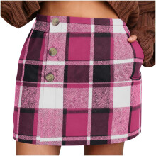 Damen-Minirock mit Karomuster, hohem Bund, elastischem Bund, Knopfverschluss, Taschen, 50 % Wolle/50 % Polyester, Herbst/Winter, Größen S–2XL