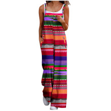 Macacão feminino casual de pernas largas com bolsos - Macacão curto com alças ajustáveis, estampado, para atividades físicas, em tecido macio e