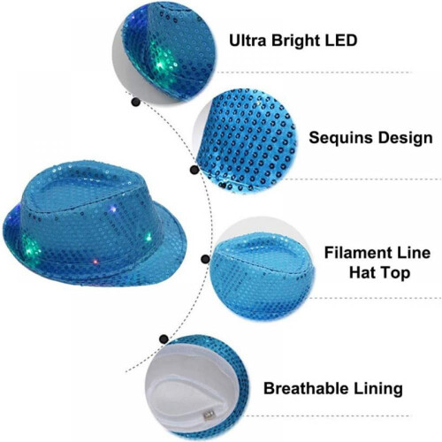 Φόρεμα Fedora Trilby με πούλιες και φωτισμό LED που αναβοσβήνει, καπέλο για πάρτι και 2