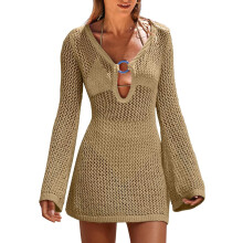 Dames zomer strandjurk/strandjurk, gehaakte badpak/zwemkleding, gebreide jurk met open details en lange mouwen.