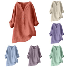 Sportbekleidung in Übergröße für Damen, Plus-Size-Tunika-Sommerbluse mit V-Ausschnitt, langen Ärmeln, lockerer Knopfleiste, aus Baumwolle und