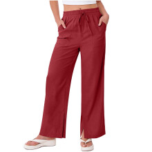 Pantaloni de vară din in pentru femei – Croi lejer, talie înaltă, talie elastică, crăpături laterale, buzunare, ținute casual/de plajă