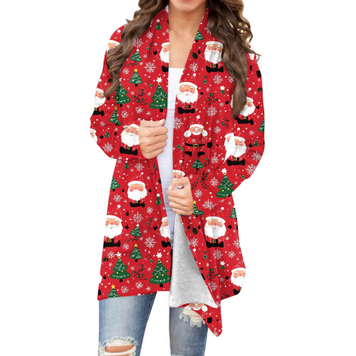 Women's Open Front Knit Cardigan Christmas Print Long