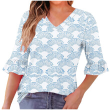 Lässige Damenbluse mit V-Ausschnitt, Rüschen und Falten – Bequemer Stoff, elastischer Bund – Ideal für Strand, Urlaub und Alltag