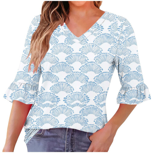 Γυναικεία Μπλούζα με V-Neck, Σχέδιο και Βολάν, με Πιέτες και Άνετο Ύφασμα – Ελαστική