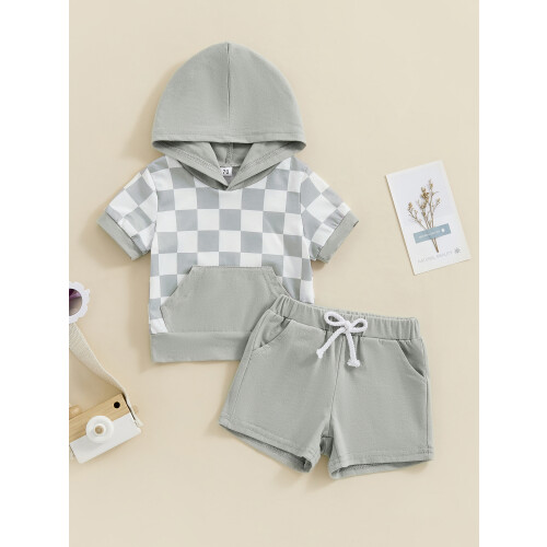 (2-3 Years, Gray) Σετ καλοκαιρινών σορτς σχέδιο σκακιέρας. 2