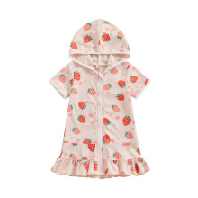 (7-8 Years, Pink) Peignoir de plage à capuche zippé, imprimé fraise, manches courtes, pour petite fille