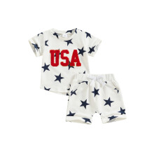 (3-6 Months, White) Ensemble été garçon 4 juillet, t-shirt brodé lettres et short étoiles
