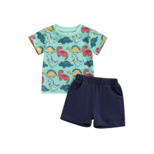 (3-6 Months, Green) Ensemble été garçon : t-shirt dinosaures et short élastique (2 pièces).