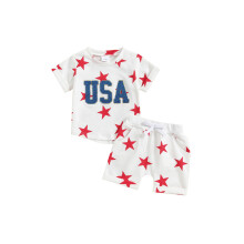 (3-4 Years, Red) Ensemble été garçon 4 juillet, t-shirt brodé lettres et short étoiles