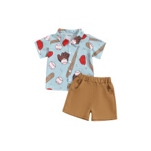 (1-2 Years, Blue) Ensemble chemise à manches courtes et short à imprimé baseball pour petit garçon, idéal pour les occasions formelles.