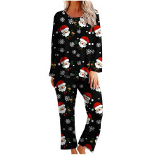 Feestelijke pyjama met lange mouwen en print voor dames, kerstprint, ronde hals, zachte pyjama, nachtkleding, loungewear, huiskleding, maten S-2XL