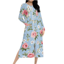 Blommig pyjamasklänning för kvinnor, långärmad, lös passform med dragkedja fram, slits i ärmen och dubbelsidig fleece, S-2XL