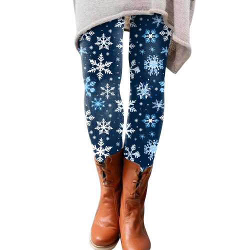 Blå snefnug-ankelleggings til kvinder – polyester-spandex, bløde, strækbare, kunstnerisk splash-print, passer til efterår/vinter 1