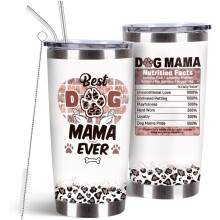 Gobelet isotherme « Maman de chien » 590 ml en acier inoxydable avec brosse et paille – Idéal pour les amoureux des chiens, cadeau