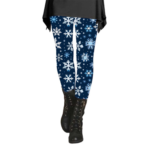 Blå snefnug-ankelleggings til kvinder – polyester-spandex, bløde, strækbare, kunstnerisk splash-print, passer til efterår/vinter 2