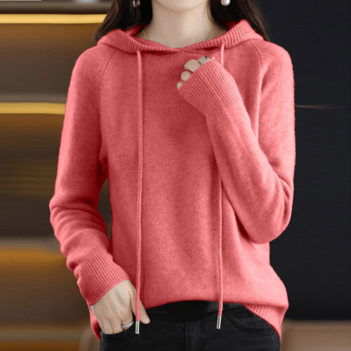Damen-Kapuzenpullover, modischer Strickpullover mit langen Ärmeln, einfarbig, trendiger Freizeitpullover für den Herbst / Rosa 1